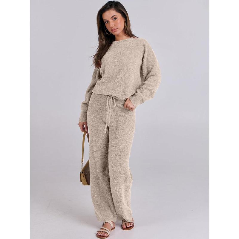 Women's Fuzzy Fleece Pajama Sets 2 Piece Outfits Long Sleeve Top Wide Leg Pants Lounge Matching Set 2024 Case Winter