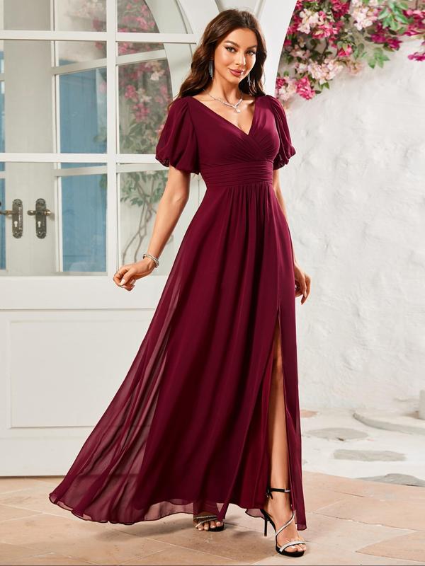 Women's Plain Backless Split Thigh Chiffon Evening Dress, Elegant Formal Wear, Puff Sleeve V Neck Zipper Back A Line Dress for Party & Banquet, Ladies' Clothes for All Seasons