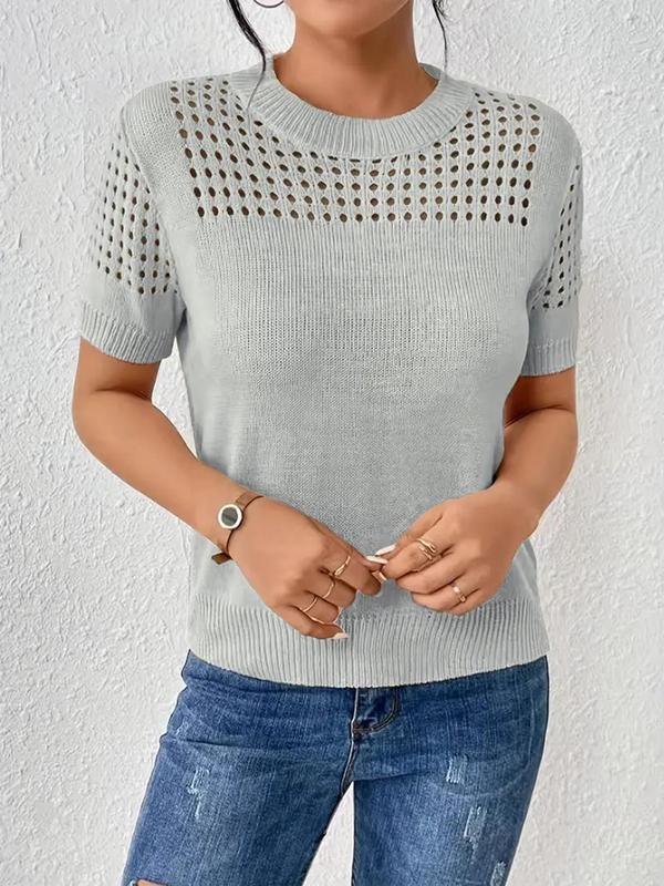 Women's Plain Hollow Out Round Neck Knit Top, Casual Short Sleeve Knitwear Top for Summer, Fashion Women's Knit Clothing for Daily Wear, Sweaters for Women, Comfort Summer Knitting Tops, Summer Outfits 2024