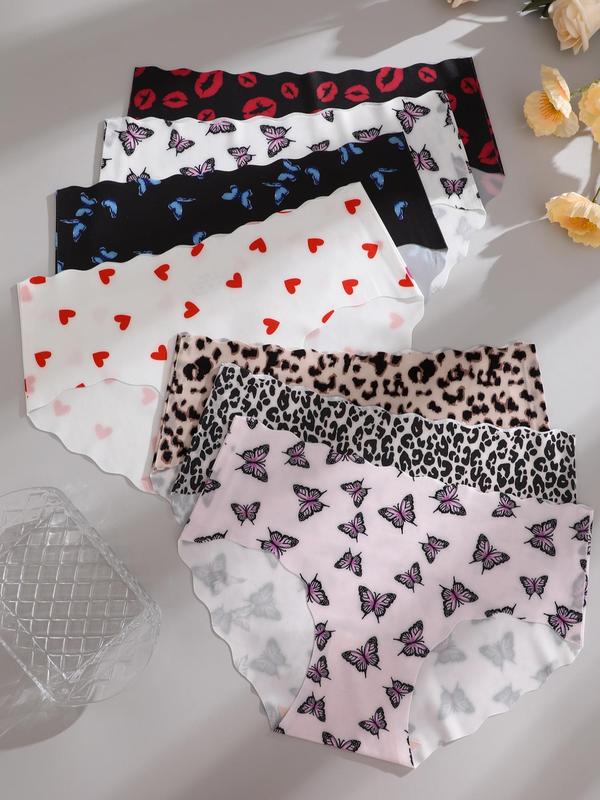 Women's Butterfly & Heart Print Scallop Knicker, Breathable Comfortable Seamless Panty, Soft Underwear for All Seasons  Granny Pants