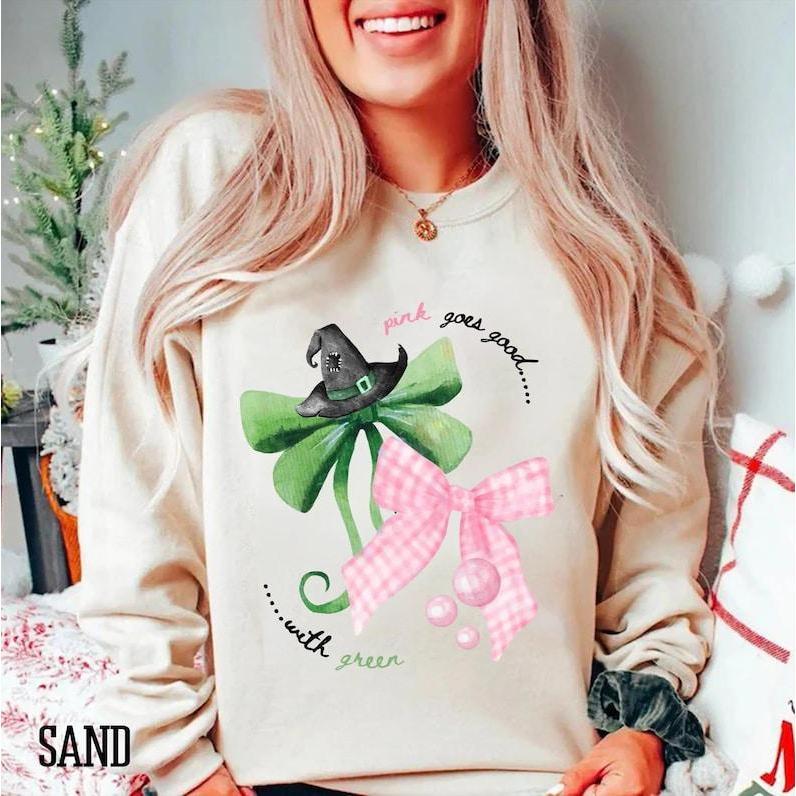 Wicked the Movie Sweatshirt Hoodie, Wicked Inspired Bow Pink Goes Good With Green Broadway Movie Elphaba Glinda Coquette Glitter Tee, Wizard of Oz