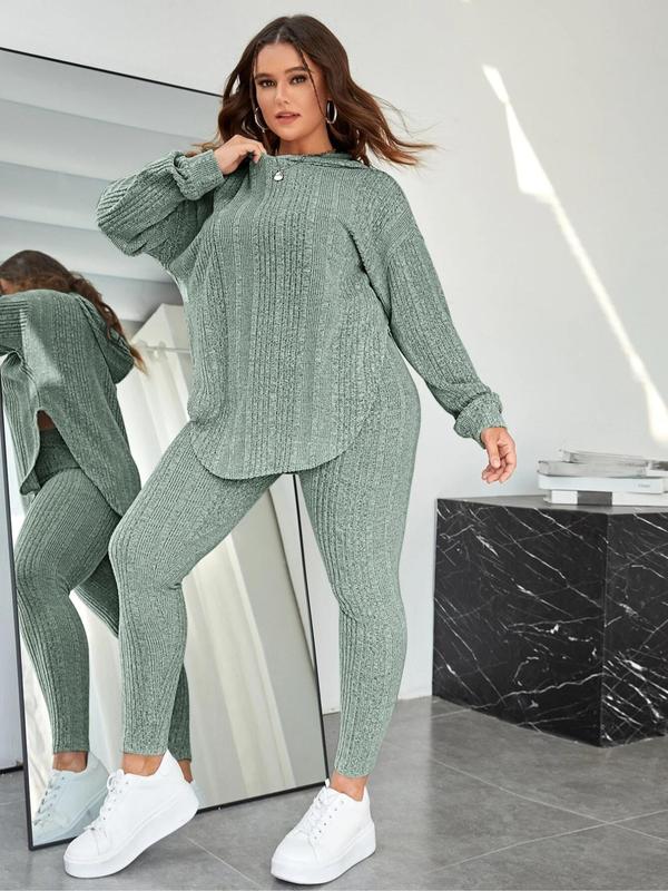  Plain Split Curved Hem Hoodie & Leggings Lounge Two-piece Set, Casual Fashion Cozy Breathable Two Piece Wear for Daily Home Wear, Women's Sleepwear for Spring & Fall, Fall Wear, Fallfreshness Clothes, Comfort Long Sleeve Suits Overalls