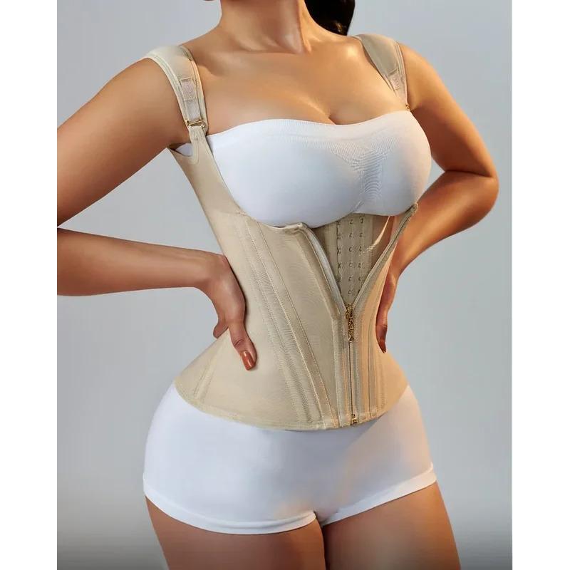 High Stretch Mesh Waistband With Row Buckle and Zipper Postpartum Corset Waist Trainer Body Shaper Women Vest Sexy Shaping Curve