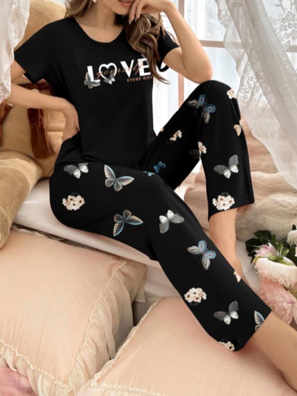 Women's Letter Butterfly Graphic Pyjama Set, Casual Crew Neck Tee & Elastic Waist Pants for Daily Home Wear, Soft Sleepwear Set for All Seasons, Lounge Co-ord Set for Women, PJ Sets for Women, Loungewear & Homewear for Women