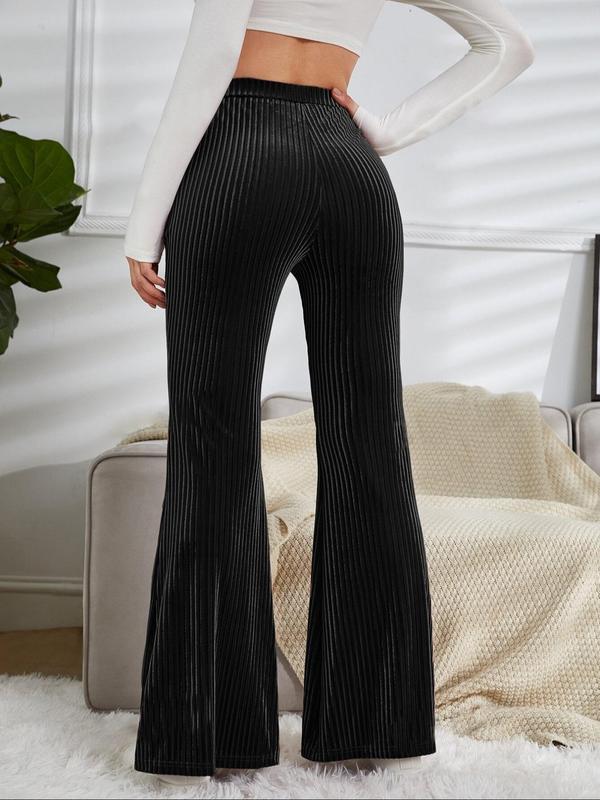 Women's Solid High Waist Flare Leg Pants, Casual Comfy Elastic Waist Bell Bottom Trousers for Daily Wear, Ladies Bottoms for Fall & Winter