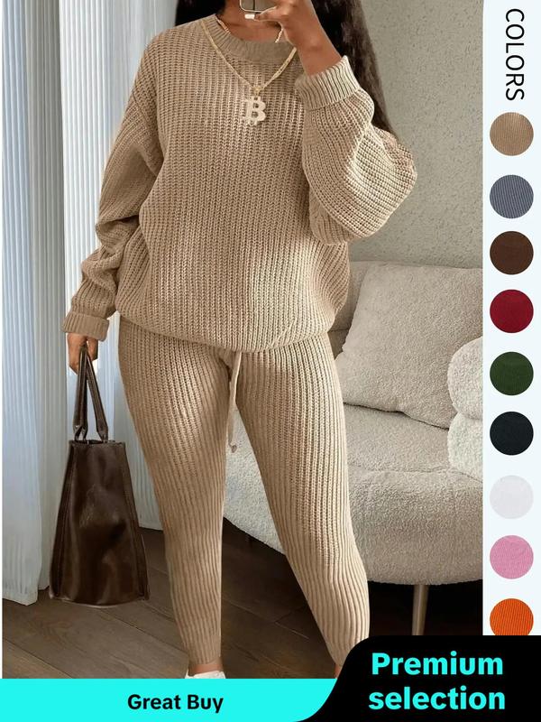 Women's Solid Drop Shoulder Long Sleeve Sweater & Drawstring Waist Pants Set, Casual Fashion Cozy Knitwear for Daily Outdoor Wear, Two Piece Set Women, Ladies Fall Clothes, Downtown Girl Clothes, Hourglass Body in Baggy Clothes