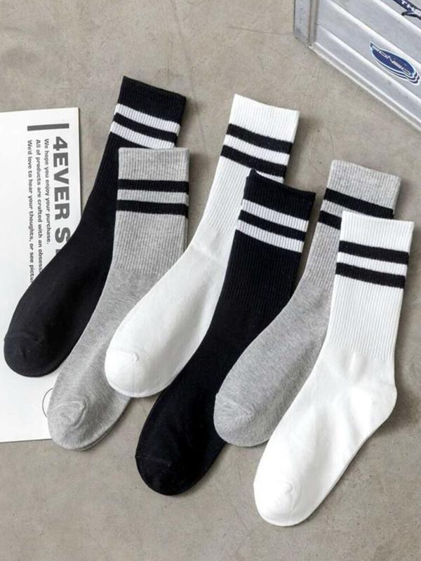 Women's 6 Pairs Striped Print Crew Socks, Fashion Casual Preppy Style Soft Comfort Breathable Socks for Daily School Wear, Lady Socks for All Seasons, Womenswear