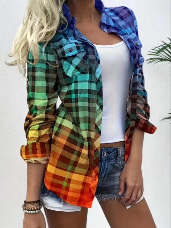 Women's Ombre & Plaid Print Button Front Curved Hem Shirt, Casual Long Sleeve Pocket Collared Top for Spring & Fall, Women's Clothes for Daily Wear