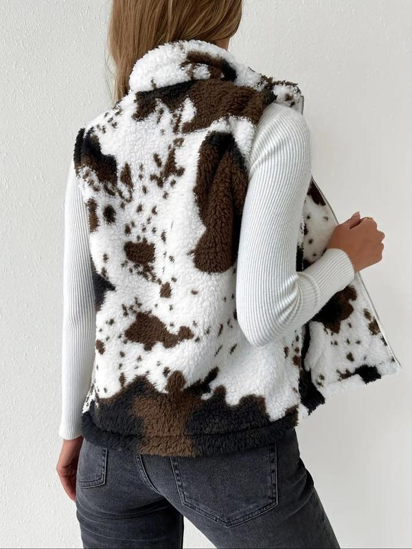 Women's All Over Cow Print Pocket Zip Up Fuzzy Vest Coat, Casual Stand Collar Sleeveless Outerwear for Daily Wear, Ladies Clothes for All Seasons