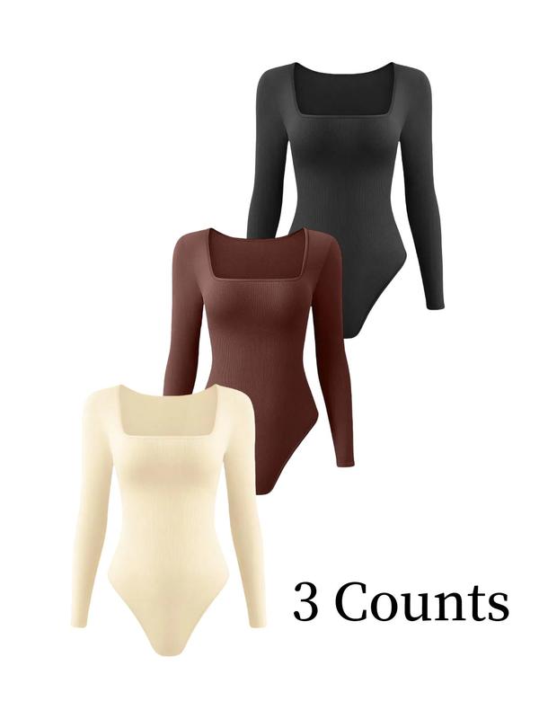 Women's Solid Square Neck Long Sleeve Shapewear Bodysuit, Casual Comfy Tummy Control Shaper for Daily Wear, Ladies Shapewear for All Seasons Womenswear Tops Womenswear Tops