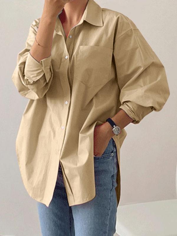 Women's Plain Button Front Drop Shoulder Shirt, Casual Long Sleeve Collared Top for Fall & Winter, Women's Clothing for Daily Wear