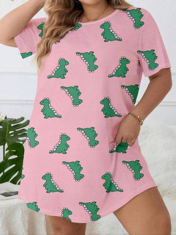  Dinosaur Print Round Neck Nightdress, Casual Soft Comfortable Short Sleeve Nightgown for Women, Women's Sleepwear for All Seasons