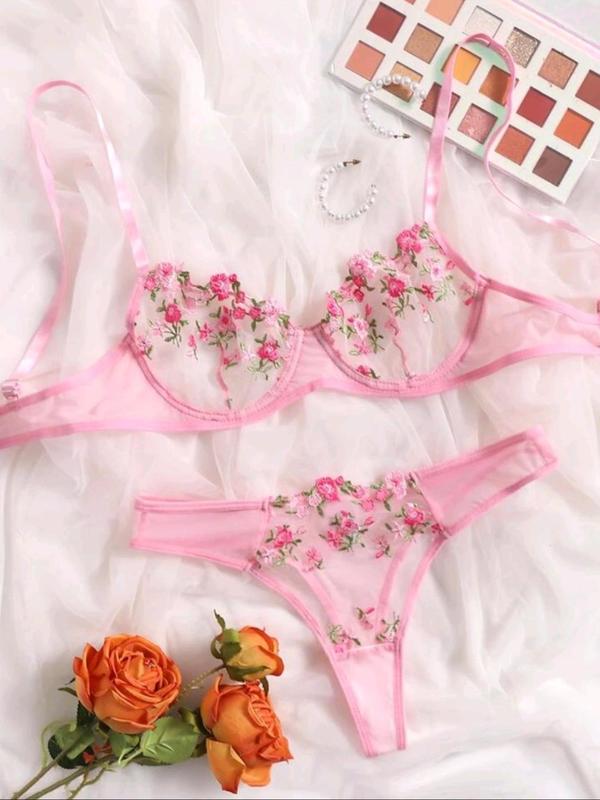 Women's Floral Embroidery Sexy Lingerie Set, Adjustable Strap Bra & Sheer Panty Two-piece Set, Sexy Underwear Set for Women