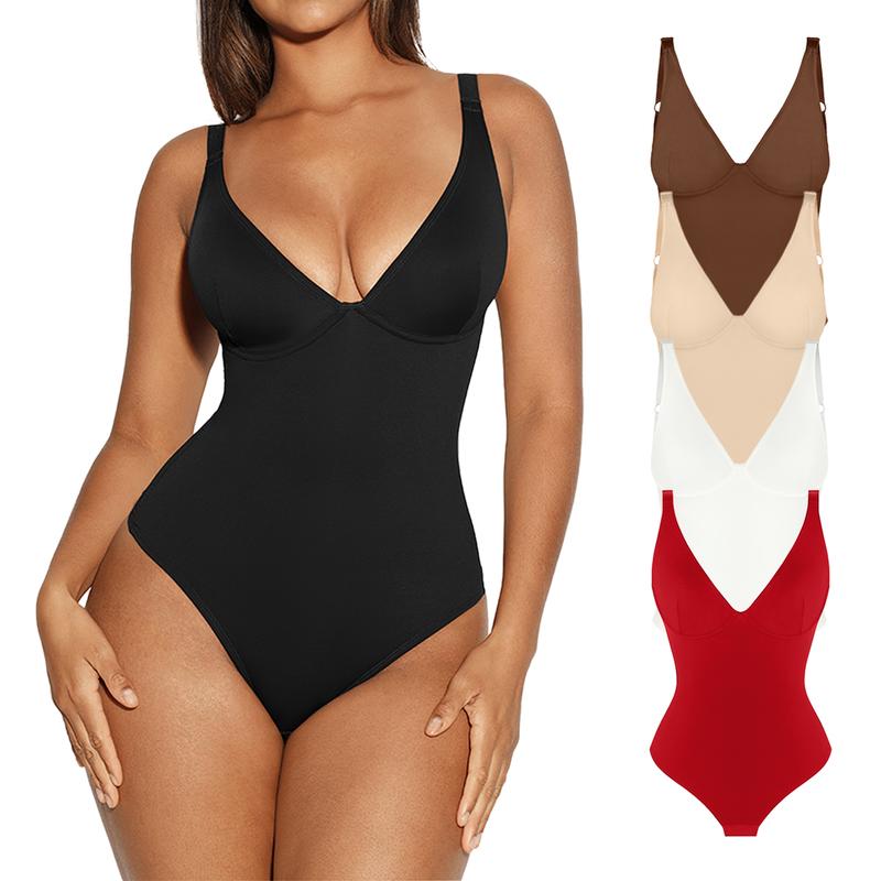 FeelinGirl  Bodysuit Thong Tummy Control Women V Neck Shapewear tts Basic Fashion Womenswear Fabric Bra Nylon Elastic