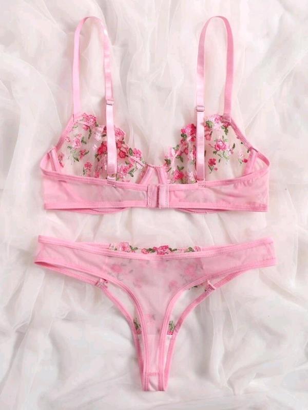 Women's Floral Embroidery Sexy Lingerie Set, Adjustable Strap Bra & Sheer Panty Two-piece Set, Sexy Underwear Set for Women