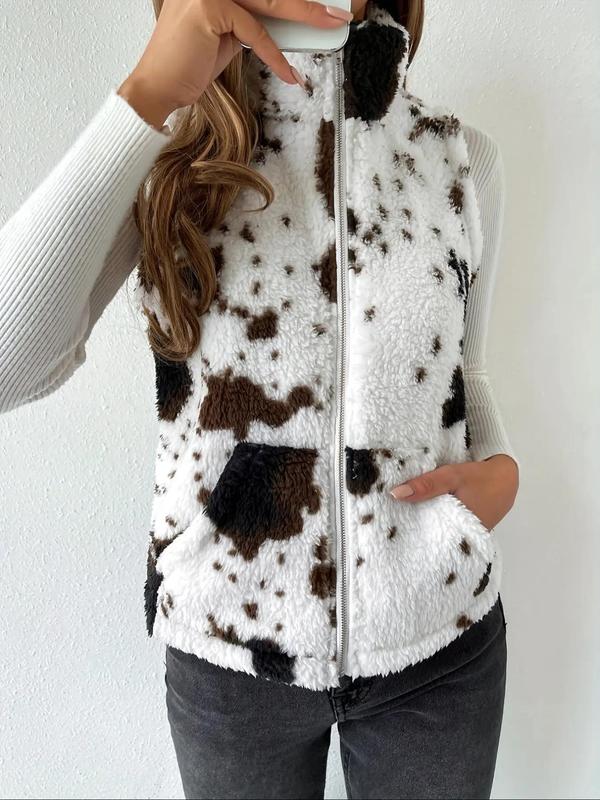 Women's All Over Cow Print Pocket Zip Up Fuzzy Vest Coat, Casual Stand Collar Sleeveless Outerwear for Daily Wear, Ladies Clothes for All Seasons