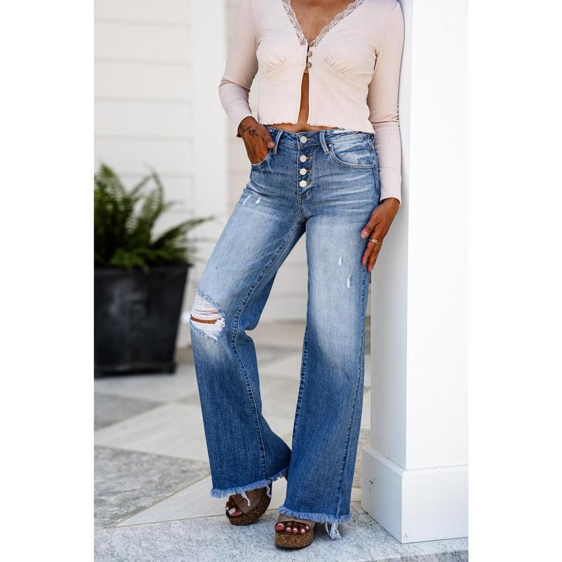 Risen Shape of You  Mid Rise Medium Wash Button Down Wide Leg Jeans