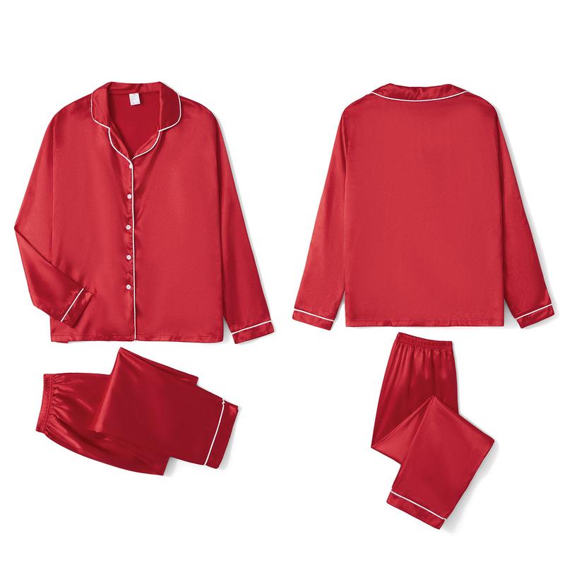 Red Family Matching Christmas Pajama Set, Solid Color Long Sleeve Button Down Tops Elastic Waist Pants for Fall Winter