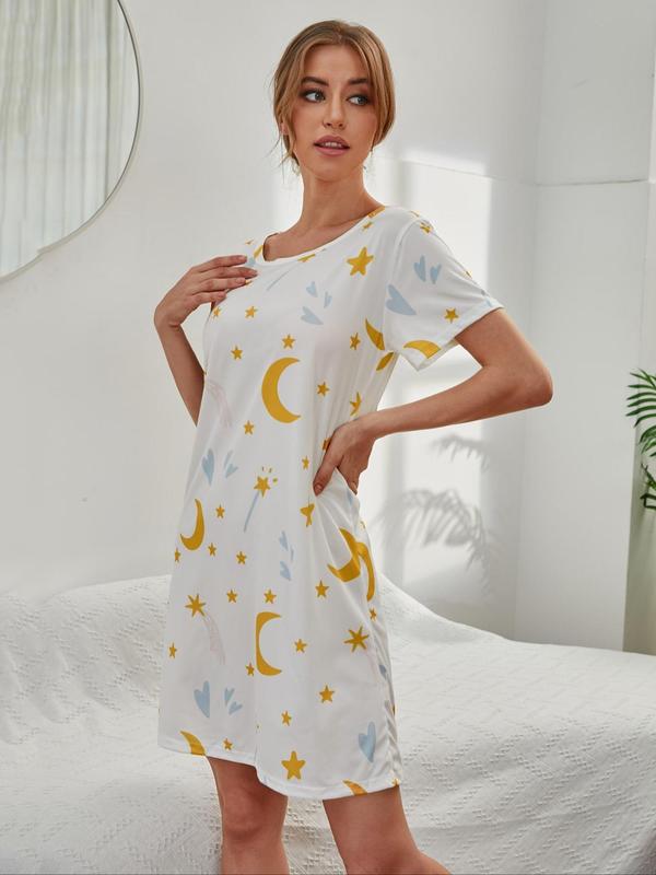 Women's Letter All Over Print Round Neck Nightdress, Casual Comfy Short Sleeve Nightgown for Daily Home Wear, Ladies Sleepwear for All Seasons