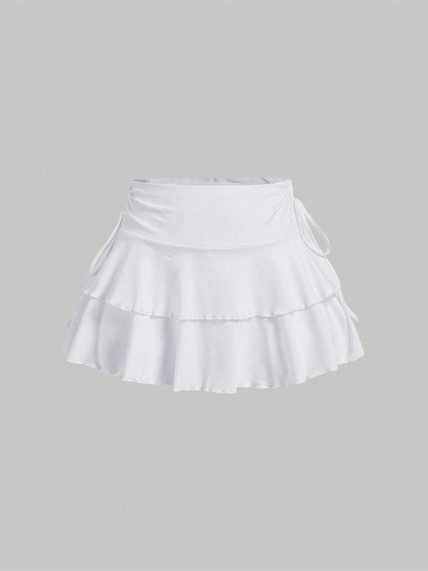 Women's Plain Ruffle Trim Tiered Layer A Line Skirt, Casual Tie Side Short Skirt for Daily Wear, Ladies Bottoms for All Seasons, Downtown Girl Clothes, Downtown Girl Clothes