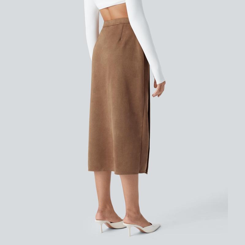 Halara High Waisted Side Pocket Split Suede Midi Work Skirt