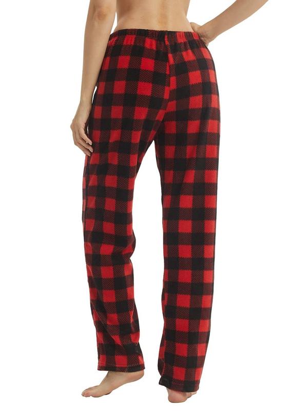 Women's Plaid Print Straight Leg Fleece Pajama Pants, Casual Drawstring Waist PJ Pants, Women Sleep Bottoms for Fall & Winter, Womenswear Pajama Set