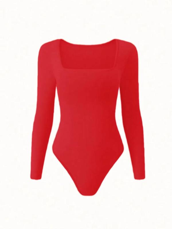 Women's Solid Square Neck Long Sleeve Shapewear Bodysuit, Casual Comfy Tummy Control Shaper for Daily Wear, Ladies Shapewear for All Seasons Womenswear Tops Womenswear Tops