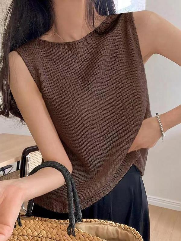 Women's Solid Round Neck Sweater Vest, Summer Clothes Women, Womenswear, Lady Casual Sleeveless Knitwear Top for Spring & Summer, Summer Tops, Summer Outfits 2024,