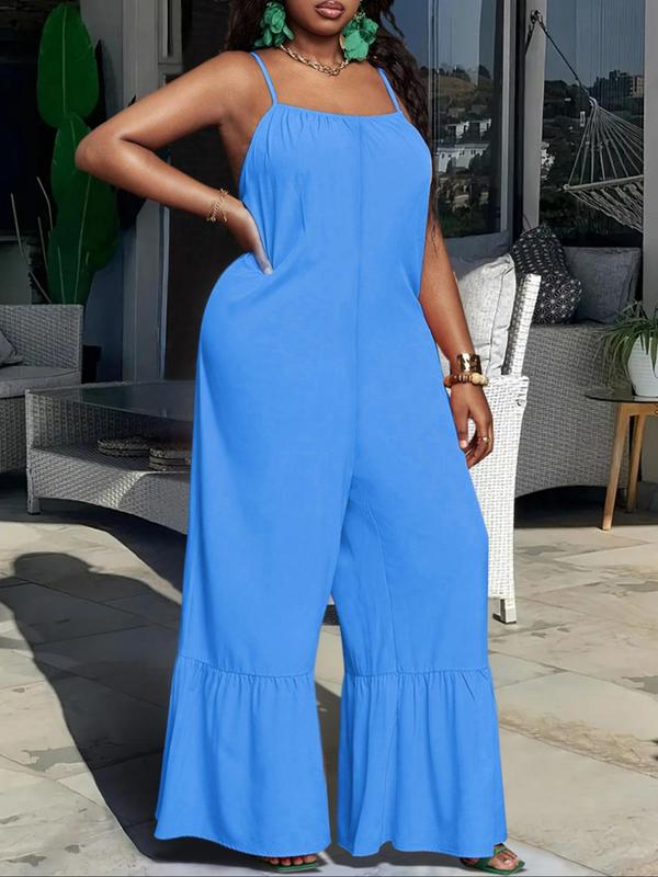 Women's Basic Plain Ruched Ruffle Hem Maxi Jumpsuit, Lady Minimalist Boho Casual Comfort Spaghetti Strap Sleeveless Flared Leg Overalls for Summer, Ladies Clothes for Daily Wear, Womenswear, Jumpsuits for Women, Summer Outfits 2024