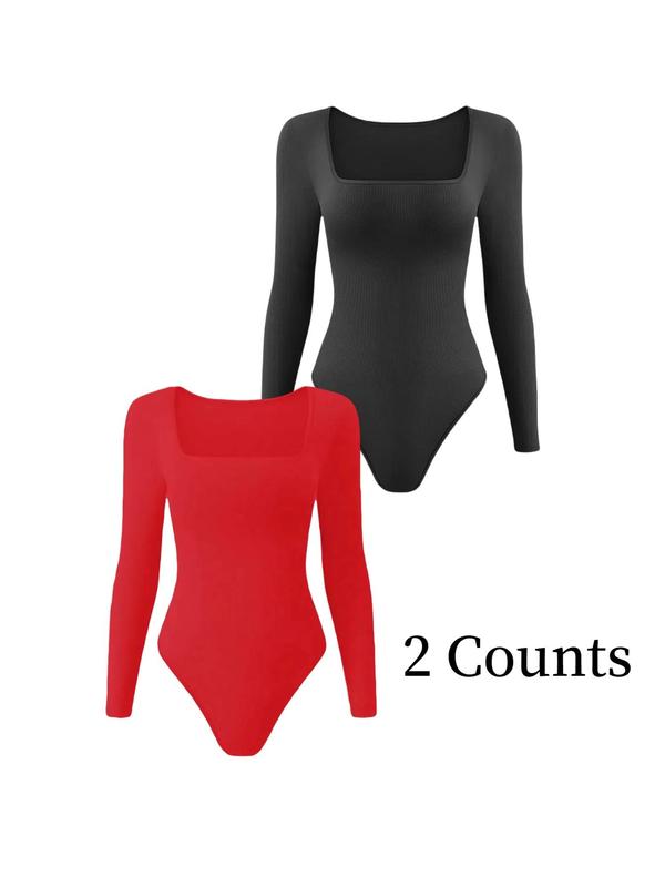 Women's Solid Square Neck Long Sleeve Shapewear Bodysuit, Casual Comfy Tummy Control Shaper for Daily Wear, Ladies Shapewear for All Seasons Womenswear Tops Womenswear Tops