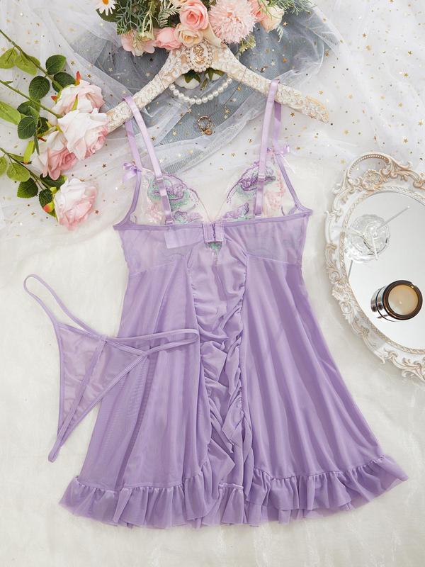 Women's Floral Embroidery Sheer Tulle Nightdress & Thong Loungewear Set, Elegant Bow Decor Adjustable Spaghetti Strap Backless Ruffle Hem Cami Nighty Dress & Panty Set, Ladies Sleepwear Set