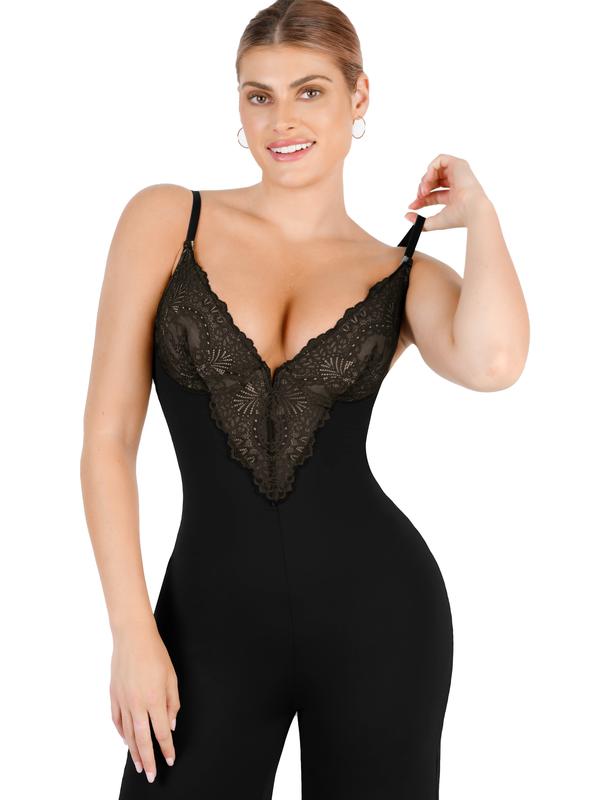 Popilush Lace Deep V-Neck Wide-Leg Shapewear Jumpsuit Official Live