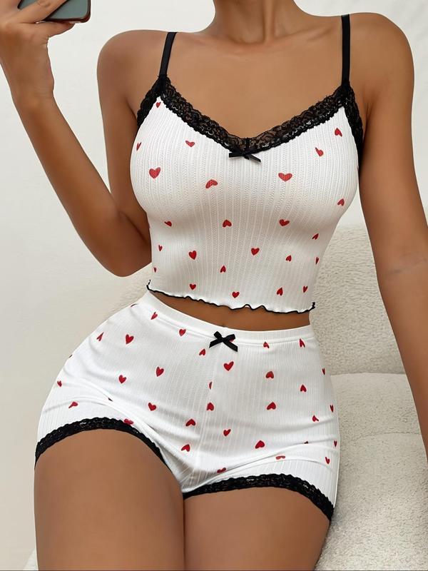 2 Pieces Women's Heart Print Contrast Lace Shorts Pajama Nightwear Set, Summer Clothes Women, Lettuce Trim Sleeveless Camisole & Shorts Pj Set, Summer Wear 2024