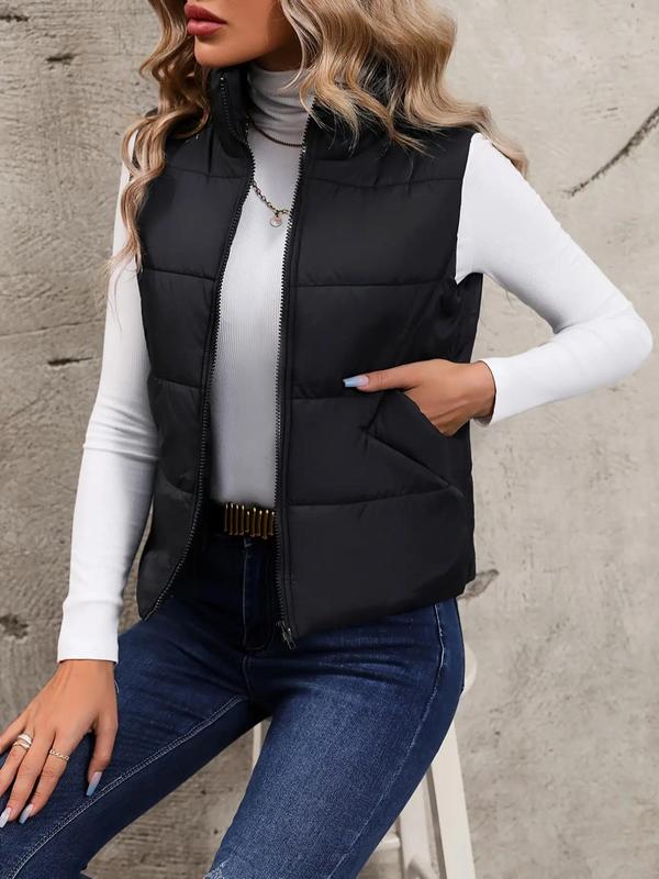 Women's Solid Zip Up Funnel Neck Puffer Vest Coat without Tee, Casual Pocket Design Thermal Waistcoat Outerwear for Fall & Winter, Women's Clothing for Daily Wear