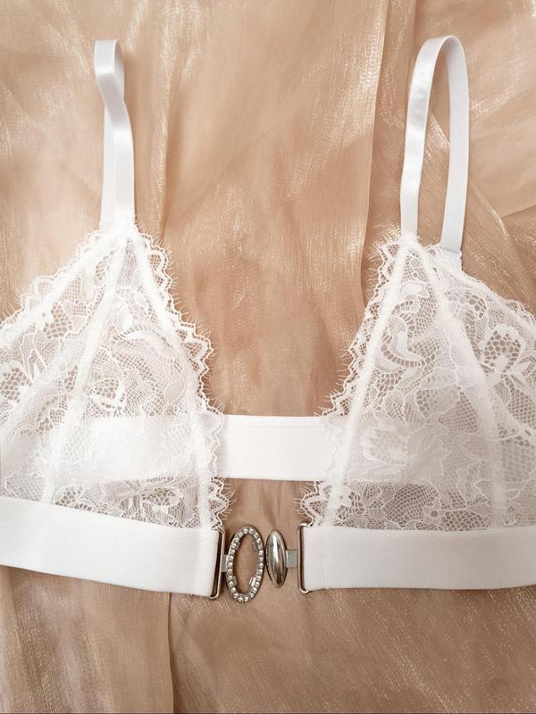 Women's Rhinestone Decor Buckle Front Sheer Lace Bra, Chic Adjustable Strap Wireless Lingerie Top for Daily Wear, Soft Comfy Breathable Lingerie for All Seasons