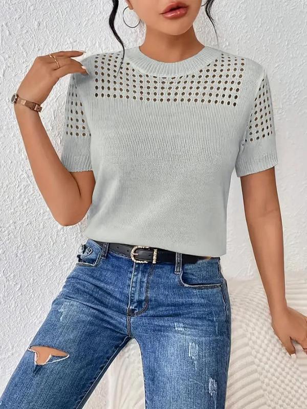 Women's Plain Hollow Out Round Neck Knit Top, Casual Short Sleeve Knitwear Top for Summer, Fashion Women's Knit Clothing for Daily Wear, Sweaters for Women, Comfort Summer Knitting Tops, Summer Outfits 2024