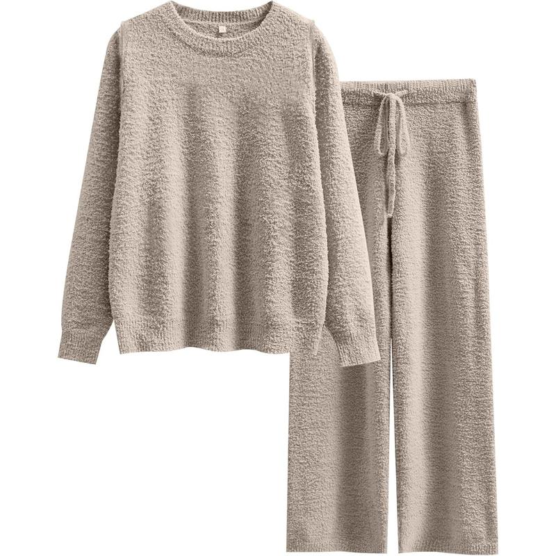 Women's Fuzzy Fleece Pajama Sets 2 Piece Outfits Long Sleeve Top Wide Leg Pants Lounge Matching Set 2024 Case Winter