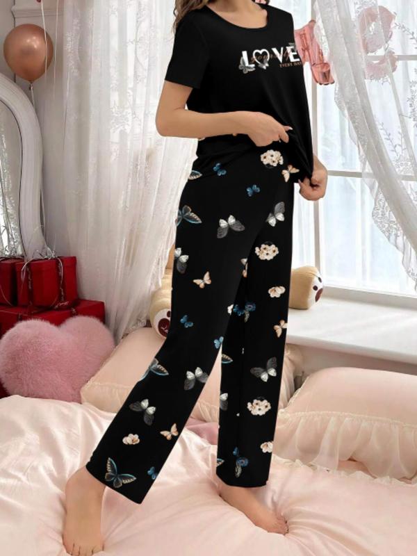 Women's Letter Butterfly Graphic Pyjama Set, Casual Crew Neck Tee & Elastic Waist Pants for Daily Home Wear, Soft Sleepwear Set for All Seasons, Lounge Co-ord Set for Women, PJ Sets for Women, Loungewear & Homewear for Women