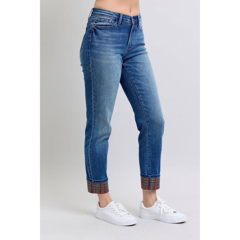 JUDY BLUE MID RISE PLAID PRINT CUFF BOYFRIEND JEANS