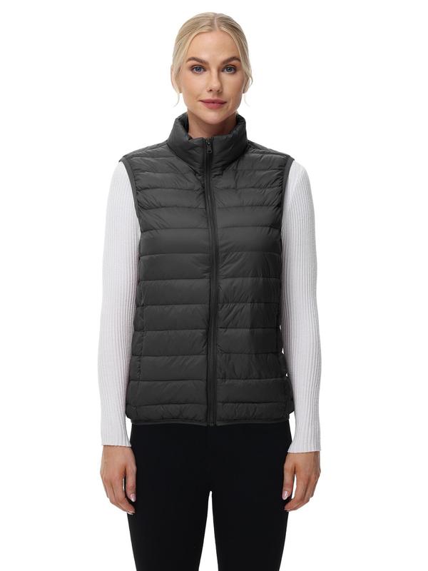 Women's Solid Zip Up Thermal Lined Funnel Neck Vest Jacket, Casual Waterproof Sleeveless Pocket Sports Down Coat for Hiking Camping, Ladies Sportswear for Fall & Winter