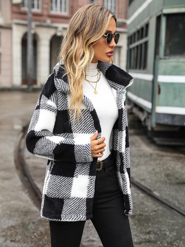 Women's Plaid Print Button Front Drop Shoulder Plush Coat Without Necklace & Sweater, Casual Long Sleeve Pocket Collared Outerwear For Fall & Winter, Women's Clothes For Daily Wear