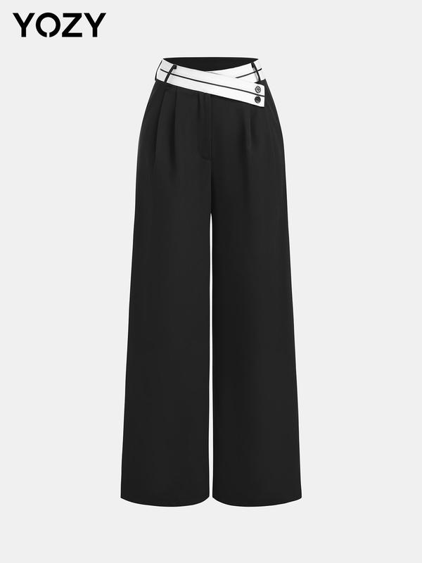 YOZY Women's Colorblock Pocket Zipper Fly Straight Leg Pants, Casual Comfy Trousers for Daily Wear, Ladies Bottoms for All Seasons