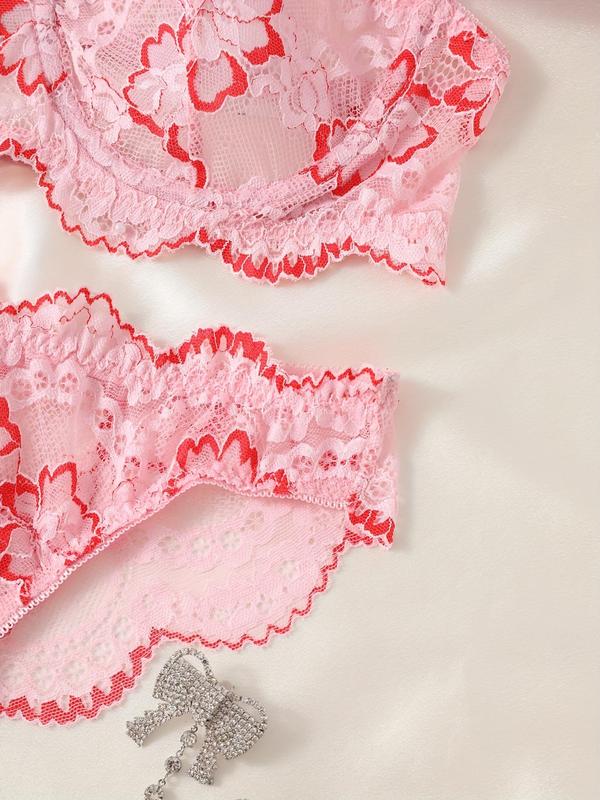 Women's Floral Lace Scallop Trim Sheer Sexy Lingerie Two-Piece Set, Romantic Elegant Cut Out Bandeau Bra & Thong, Ladies Underwear for All Seasons