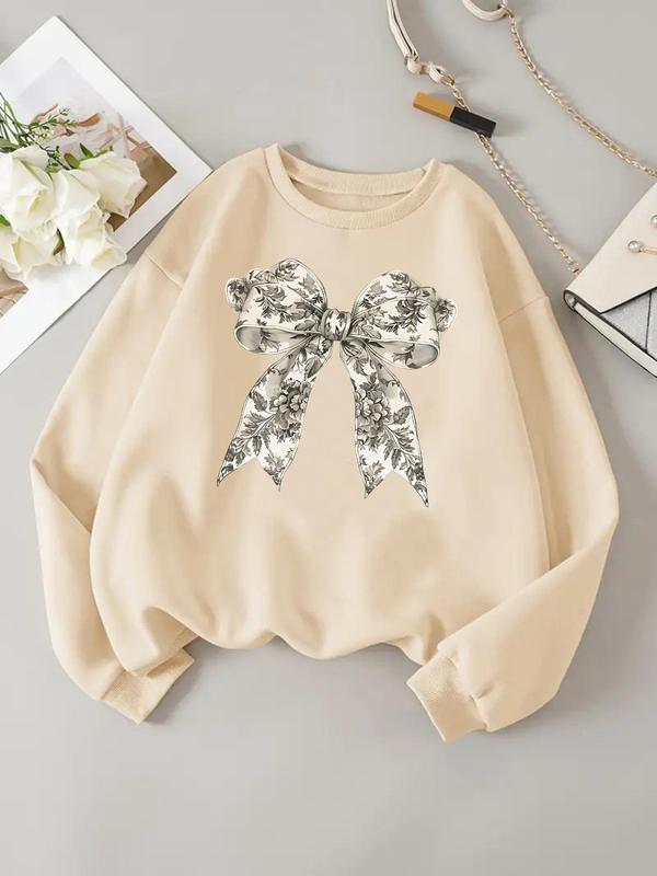 Women's Bow Decor Pullover Sweatshirt, Casual Long Sleeve Crew Neck Sweatshirt for Daily Wear, Ladies Clothes for All Seasons