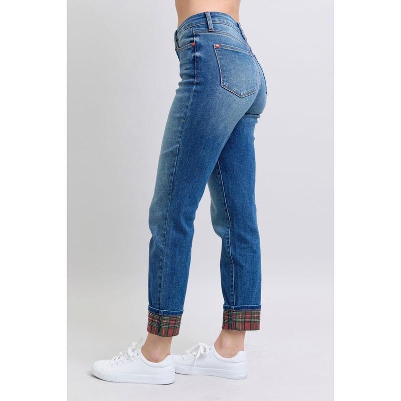 JUDY BLUE MID RISE PLAID PRINT CUFF BOYFRIEND JEANS