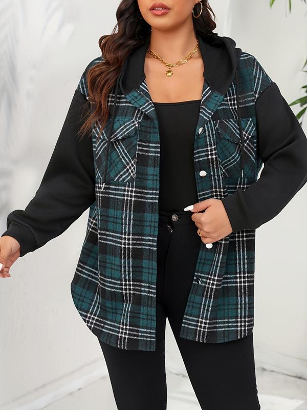 Plus Size Colorblock Plaid Print Button Front Shirt Jacket, Casual Drop Shoulder Long Sleeve Flap Pocket Outerwear for Fall & Winter, Women's Clothes for Daily Wear