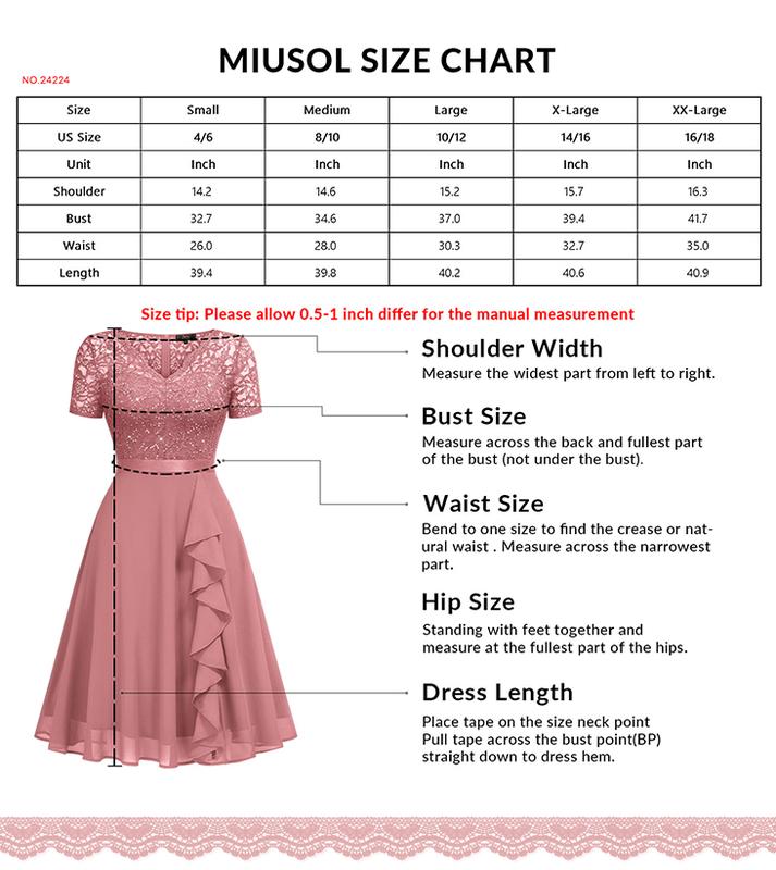 MIUSOL 24224 V-Neck Contrast Lace Sequin Insert Ruffle Trim Chiffon Cocktail Party Swing Dress