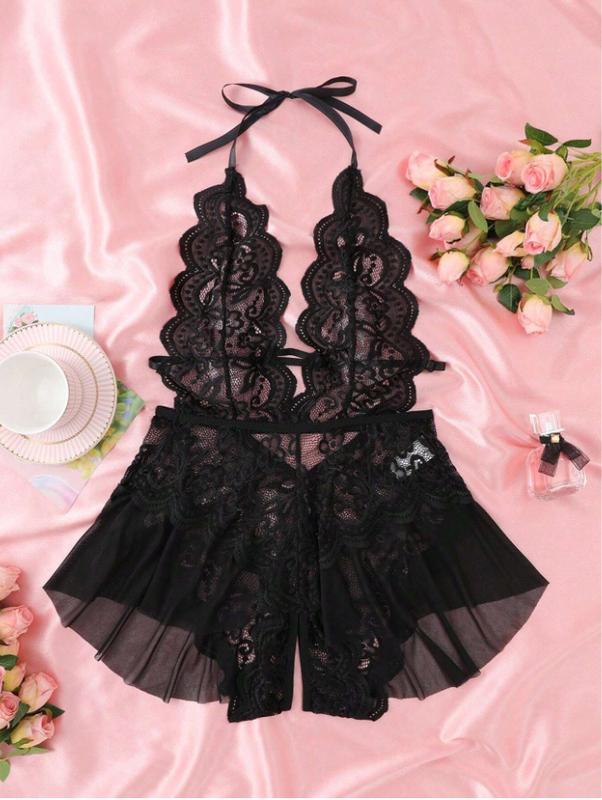 V-Neck Crotchless Lingerie Women Lace Skirt Edge Doll Dress Temptation Hollow Open Bodysuit