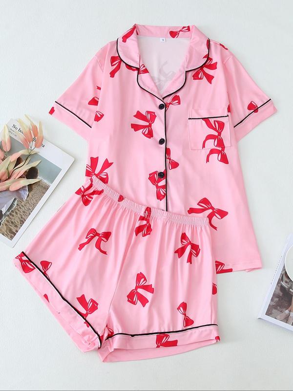 Two-Piece Set Women's Bow Print Lapel Shirt & Pants Pyjama, Casual Comfy Short Sleeve Pocket Top & Trousers Set, Ladies Summer Sleepwear