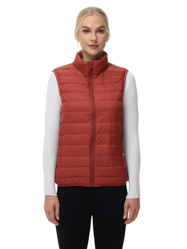 Women's Solid Zip Up Thermal Lined Funnel Neck Vest Jacket, Casual Waterproof Sleeveless Pocket Sports Down Coat for Hiking Camping, Ladies Sportswear for Fall & Winter